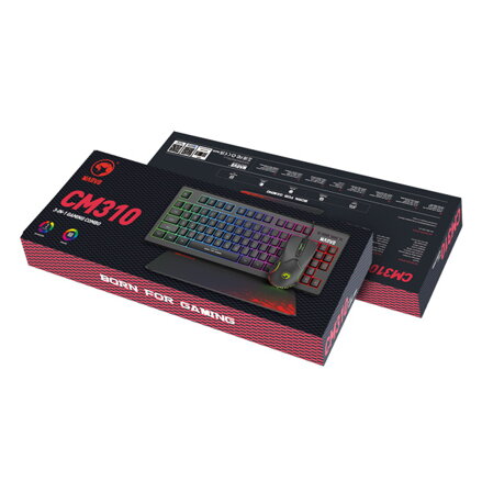 Marvo CM310 EN, RGB sada klávesnice s herní myší a podložkou, US, herní, membránová typ drátová (USB), černá, podsvícená