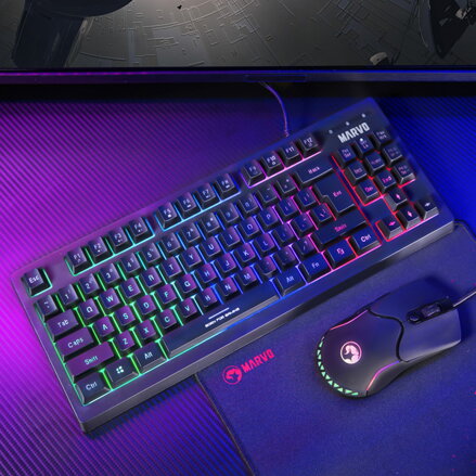 Marvo CM310 EN, RGB sada klávesnice s herní myší a podložkou, US, herní, membránová typ drátová (USB), černá, podsvícená