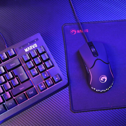 Marvo CM310 EN, RGB sada klávesnice s herní myší a podložkou, US, herní, membránová typ drátová (USB), černá, podsvícená
