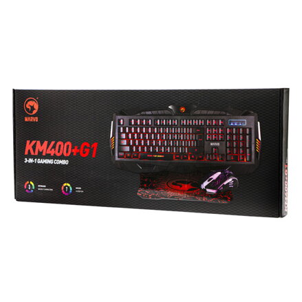 Marvo KM400, Sada klávesnice s herní myší a podložkou, CZ/SK, herní, membránová typ drátová (USB), černá, podsvícená