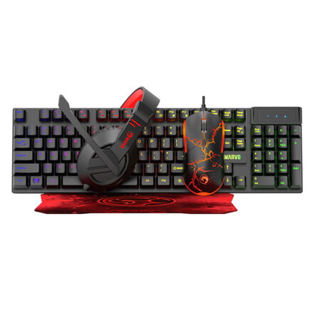 Marvo CM409 EN, Sada klávesnice s herní myší, podložkou a sluchátky, US, herní, membránová typ drátová (USB), černá, podsvícená