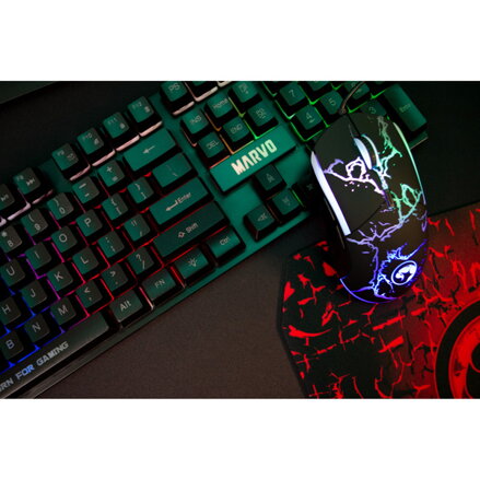 Marvo CM409 EN, Sada klávesnice s herní myší, podložkou a sluchátky, US, herní, membránová typ drátová (USB), černá, podsvícená
