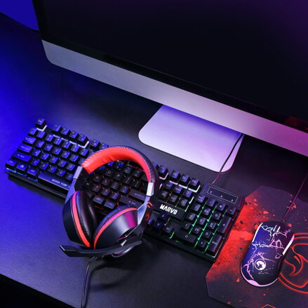 Marvo CM409 EN, Sada klávesnice s herní myší, podložkou a sluchátky, US, herní, membránová typ drátová (USB), černá, podsvícená