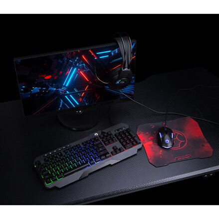 Marvo CM430 US, sada klávesnice s herní myší, podložkou a sluchátky, US, herní, membránová typ drátová (USB), černá, podsvícená