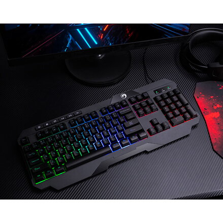 Marvo CM430 US, sada klávesnice s herní myší, podložkou a sluchátky, US, herní, membránová typ drátová (USB), černá, podsvícená