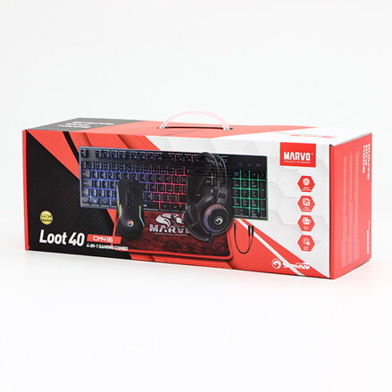 Marvo LOOT 40, sada klávesnice s herní myší, podložkou a sluchátky, CZ/SK, drátová (USB), černá, podsvícená Marvo LOOT 40, sada klávesnice s herní myší, podložkou a sluchátky, CZ/SK, drátová (USB), černá, podsvícená