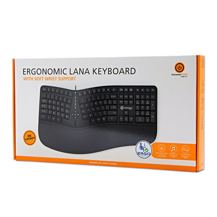 Powerton LANA, ergonomická klávesnice US, drátová (USB), černá