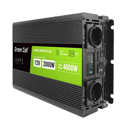 Green Cell PowerInverter LCD 12 volt 2000W/40000W měnič napětí do auta s displejem - čistá sinusová křivka