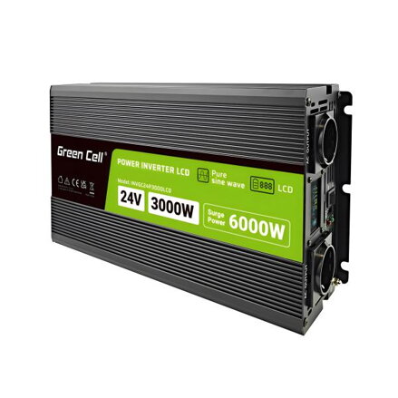 Green Cell PowerInverter LCD 24 V 3000W/60000W měnič napětí do auta s displejem - čistá sinusová křivka
