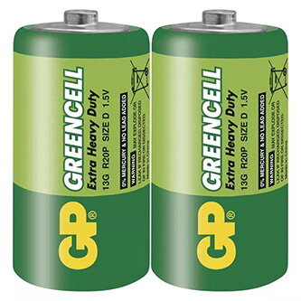 Baterie jednorázová zinkochloridová, velký monočlánek, D, 1.5V, GP, fólie, 2-pack, Greencell
