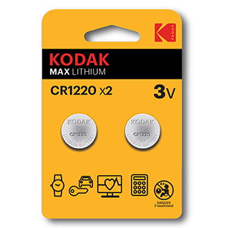 Baterie jednorázová lithiová, knoflíková, CR1220, 3V, Kodak, blistr, 2-pack, KOD-1220BL2, knoflíková
