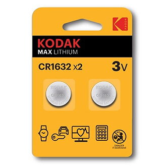 Baterie jednorázová lithiová, knoflíková, CR1632, 3V, Kodak, blistr, 2-pack, KOD-1632BL2, knoflíková