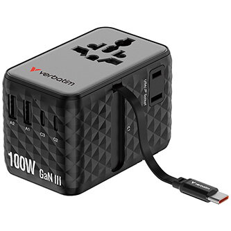 Verbatim, Cestovní adaptér univerzální Charge ,n, Travel 2x USB-C, 2X USB-A + 1x integrovaný kabel USB-C, černá, 100 W