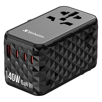 Verbatim, Cestovní adaptér univerzální UTA-10 GaN III 2x USB-C PD a QC 4+, 1x USB-C PD 3.0, 1x USB-A QC, černý, 140 W