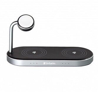 Verbatim, Duální nabíjecí podložka 3 v 1, pro dva telefony iPhone a hodinky Apple Watch, černá, 9V, 35W, Certifikace MFi a Qi, DOP
