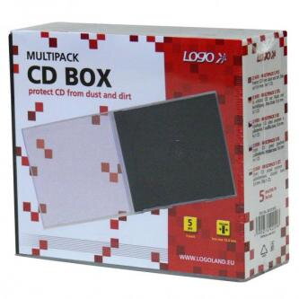 Box na 1 ks CD, průhledný, černý tray, Logo, 10,4 mm, 5-pack, DOPRODEJ