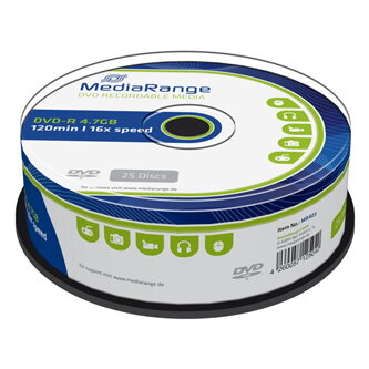 Mediarange DVD-R, MR403, 4.7GB, 16x, cake box, 25-pack, bez možnosti potisku, 12cm, Standard, pro archivaci dat