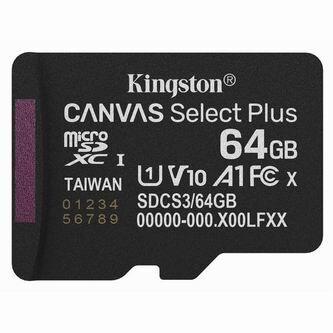Kingston paměťová karta Canvas Select Plus, 64GB, micro SD, SDCS3/64GBSP, UHS-I U1 (Class 10), A1