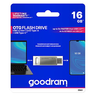 Goodram USB flash disk, USB 3.0, 16GB, ODA3, stříbrný, ODA3-0160S0R11, USB A / USB C, s otočnou krytkou