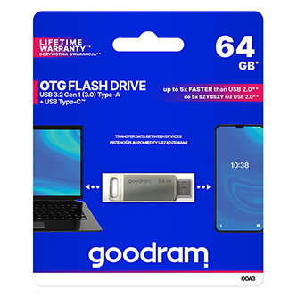 Goodram USB flash disk, USB 3.0 (3.2 Gen 1), 64GB, ODA3, stříbrný, ODA3-0640S0R11, USB A / USB C, s otočnou krytkou