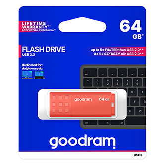 Goodram USB flash disk, USB 3.0 (3.2 Gen 1), 64GB, UME3, oranžový, UME3-0640O0R11, USB A, s krytkou