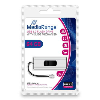 MediaRange USB flash disk, USB 3.0 (3.2 Gen 1), 64GB, stříbrný, MR917, USB A, s poutkem, vysouvací