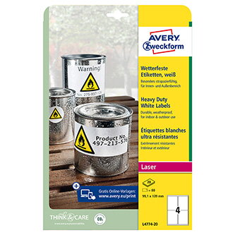Avery Zweckform etikety 99.1mm x 139mm, A4, matné, bílé, 4 etikety, velmi odolné, baleno po 20 ks, L4774-20, pro laserové tiskárny