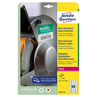 Avery Zweckform etikety 45.7mm x 21.2mm, A4, bílé, 48 etiket, velmi odolné, baleno po 10 ks, L7911-10, pro laserové tiskárny