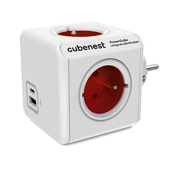 Rozbočovací zásuvka 250V, CEE7 (vidlice) - POWERCUBE, 0.1m, ORIGINAL USB, červená, POWERCUBE, 4 zásuvky, USB A+C, Power Delivery,