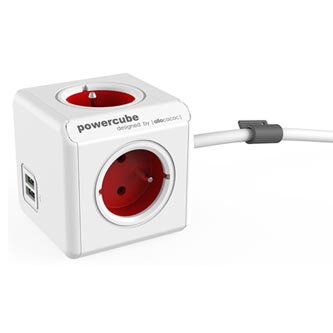 Síťový kabel 230V prodlužovací, CEE7 (vidlice)-POWERCUBE, 1.5m, EXTENDED USB, červený, POWERCUBE, 4 zásuvky, 2xUSB port,dětská poj