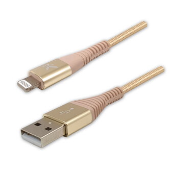 Kabel USB (2.0), USB A M- Apple Lightning C89 M, 1m, MFi certifikace, 5V/2,4A, zlatý, Logo, box, nylonové opletení, hliníkový kryt