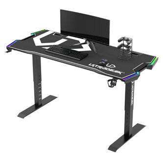 ULTRADESK Herní stůl FORCE - bílý, 166x70 cm, 76.5 cm, s XXL podložkou pod myš, držák sluchátek i nápojů, RGB podsvícení