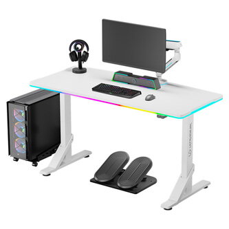 ULTRADESK Herní stůl IRON WHITE, 132,5x60,5 cm, 71-81  cm, mechanicky nastavitelná výška,RGB podsvícení