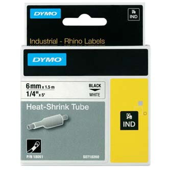 Dymo originální páska do tiskárny štítků, Dymo, 18051, S0718260, černý tisk/bílý podklad, 1,5m, 6mm, RHINO plochá smršťovací bužír