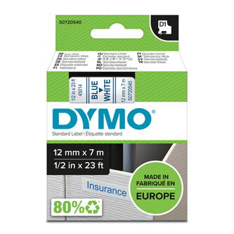 Dymo originální páska do tiskárny štítků, Dymo, 45014, S0720540, modrý tisk/bílý podklad, 7m, 12mm, D1